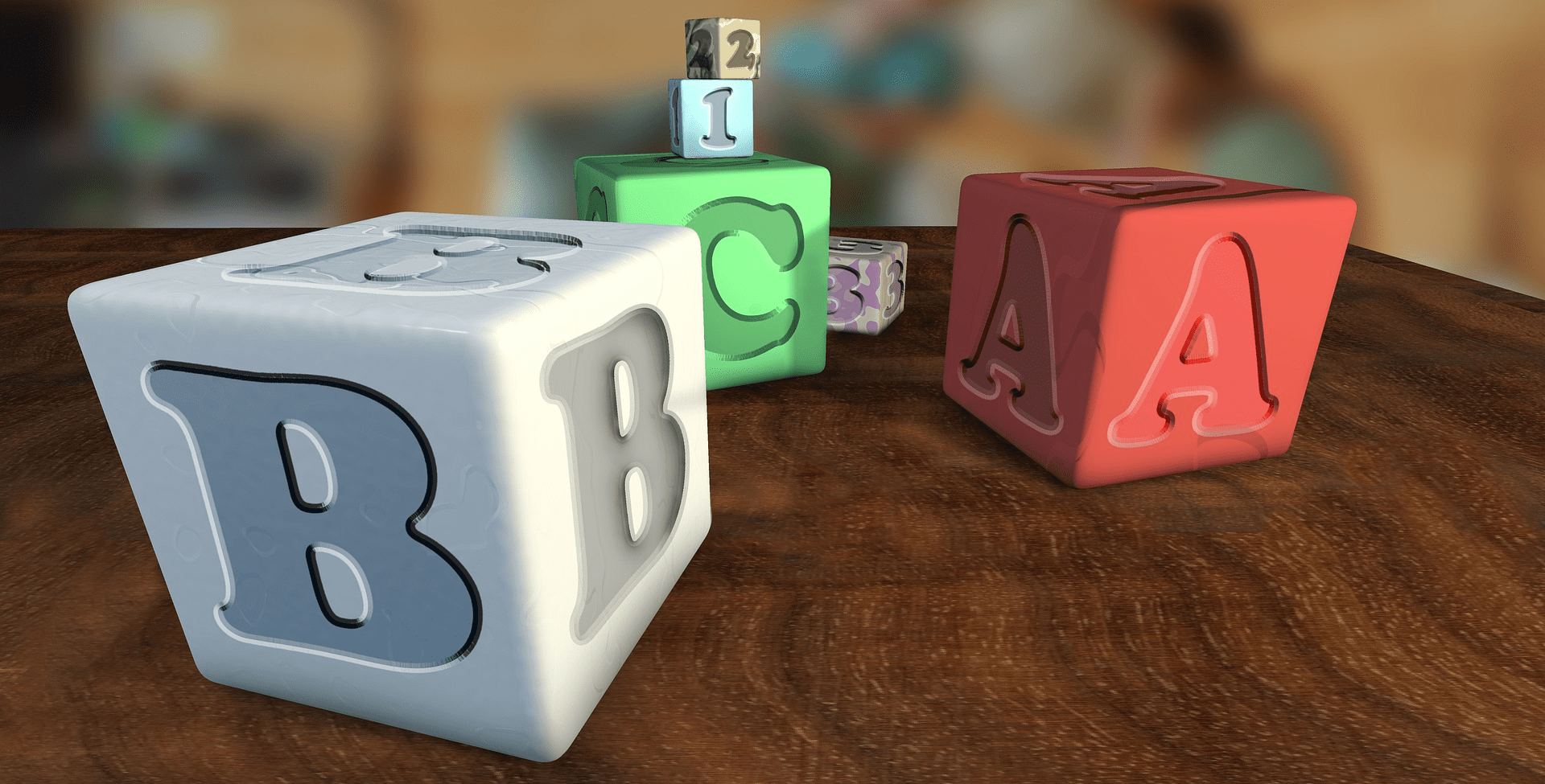 Colorful alphabet and number blocks on a wooden surface, symbolizing foundational learning and character-building in early childhood education.